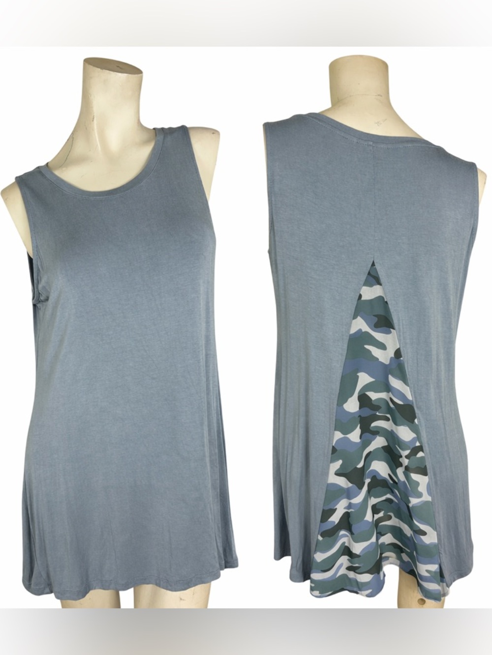 LOGO Lori Goldstein Tank Top Medium Blue Gray Camo Back Swing Tunic Sleeveless